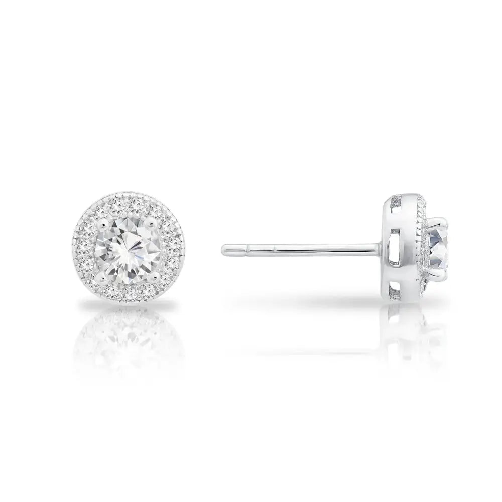 CZ Solitaire Halo Stud Earrings, 0840 in Sterling Silver