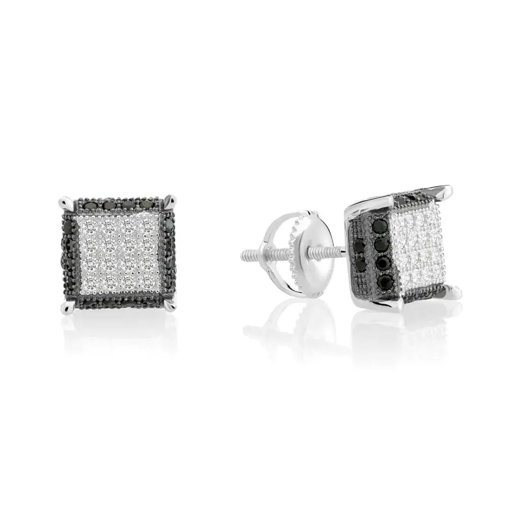 CZ Square Screw-Back Stud Earrings, Unisex in Sterling Silver