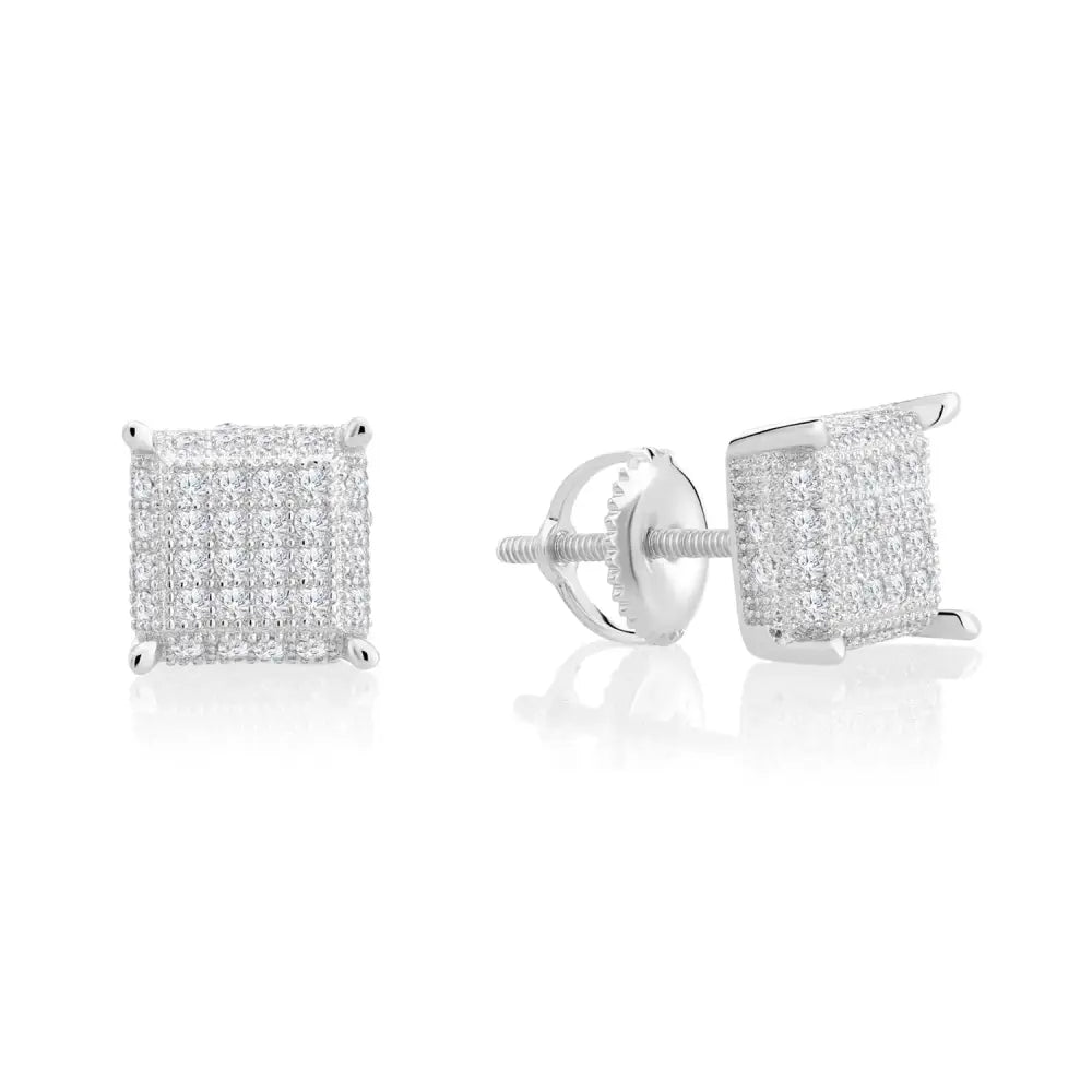 CZ Square Screw-Back Stud Earrings, Unisex in Sterling Silver