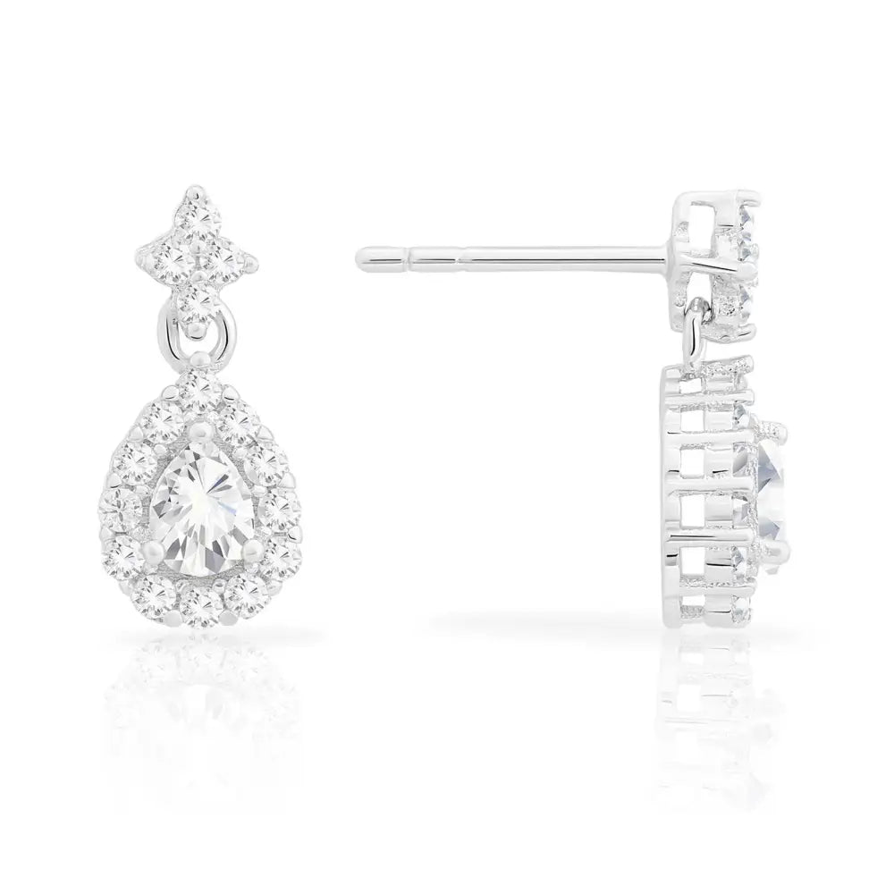 CZ Teardrop Dangle Stud Earrings in Sterling Silver