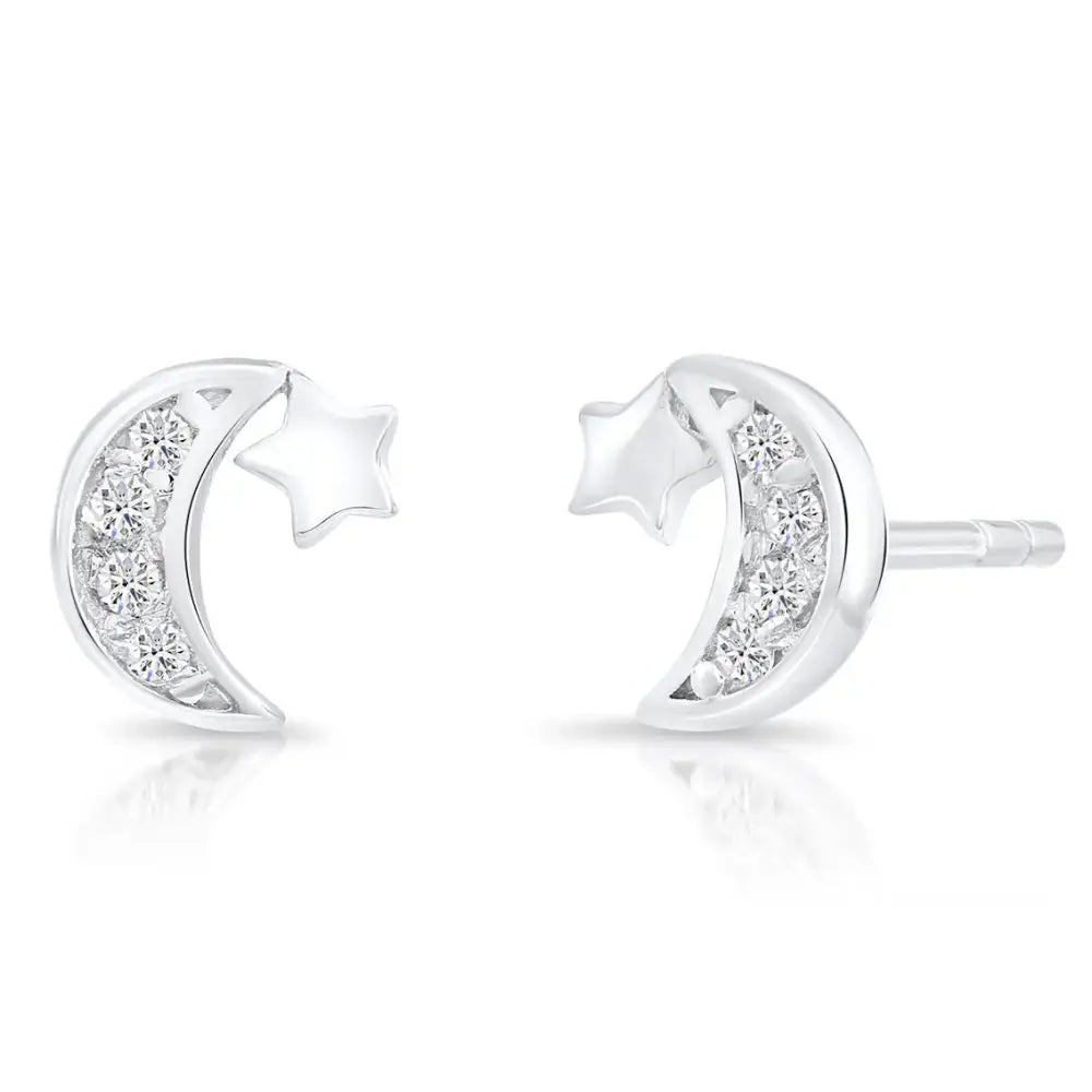 CZ Tiny Moon with Star Stud Earrings in Sterling Silver