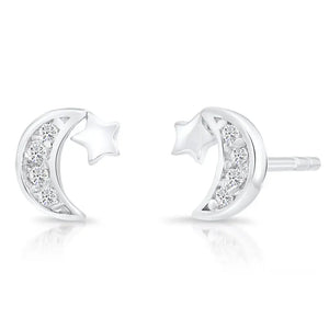 CZ Tiny Moon with Star Stud Earrings in Sterling Silver