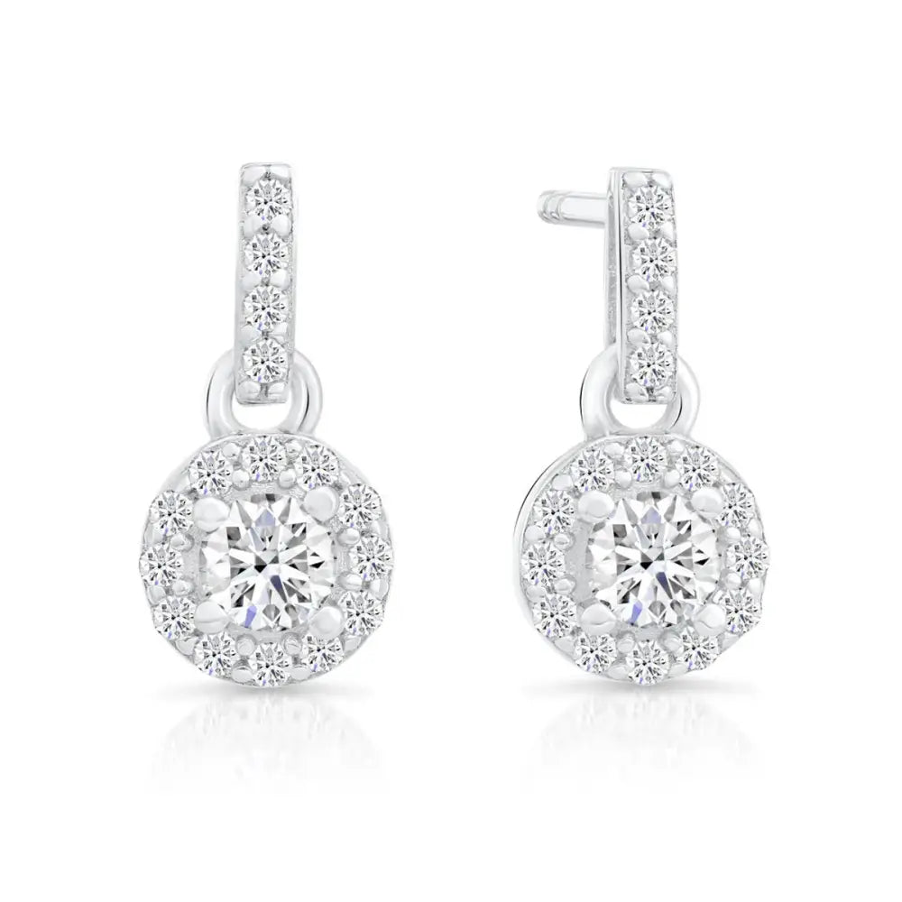 CZ Tiny round Halo Dangle Stud Earrings in Sterling Silver