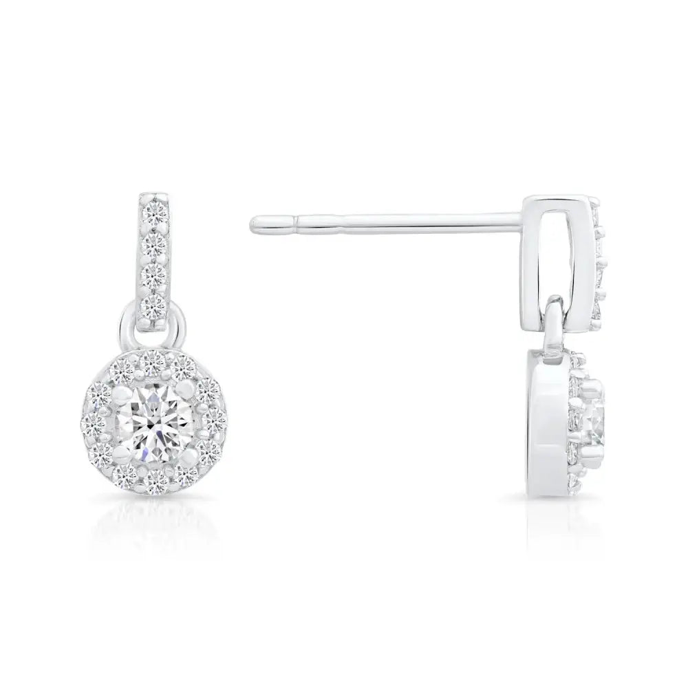 CZ Tiny round Halo Dangle Stud Earrings in Sterling Silver