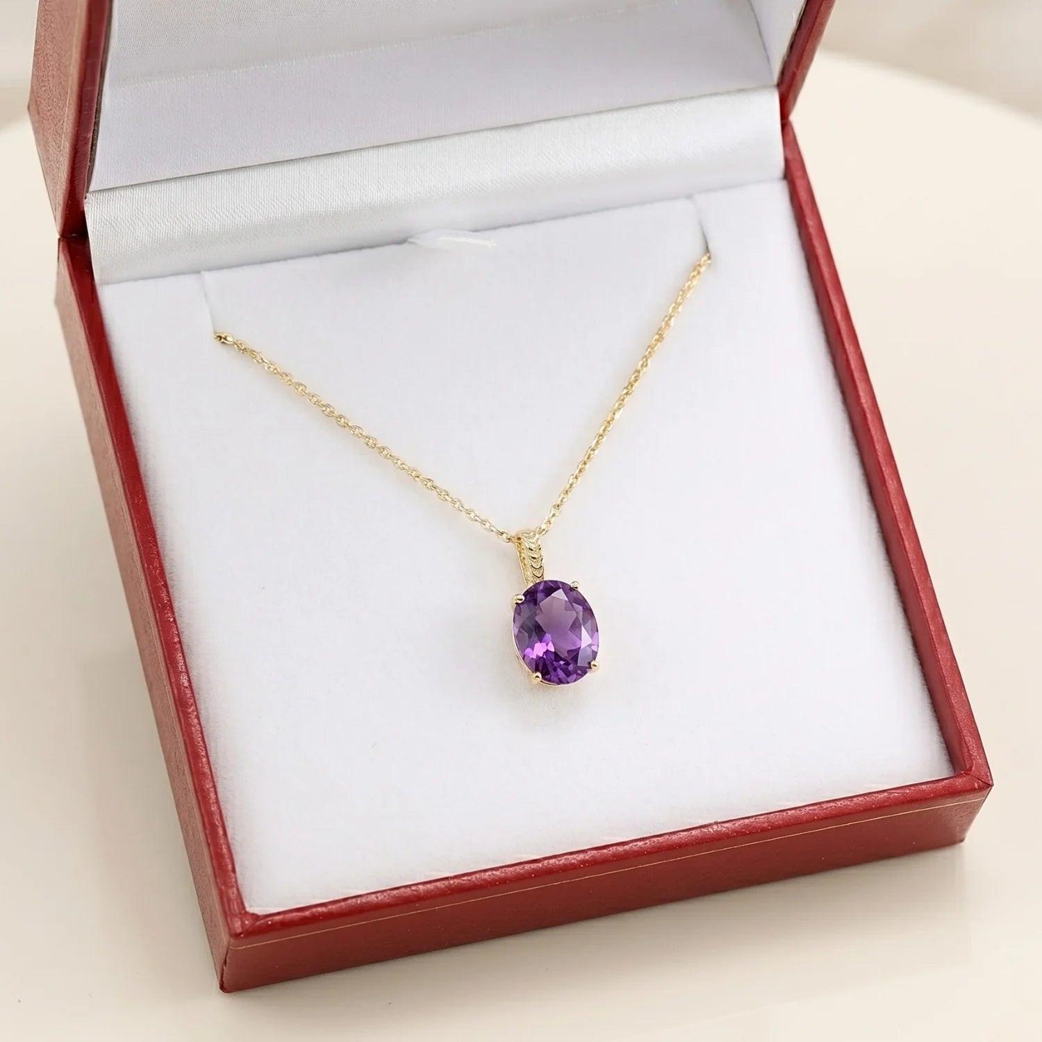 Elegant 14K Yellow Gold Oval Purple Amethyst Pendant Necklace.