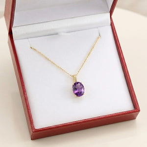 Elegant 14K Yellow Gold Oval Purple Amethyst Pendant Necklace.