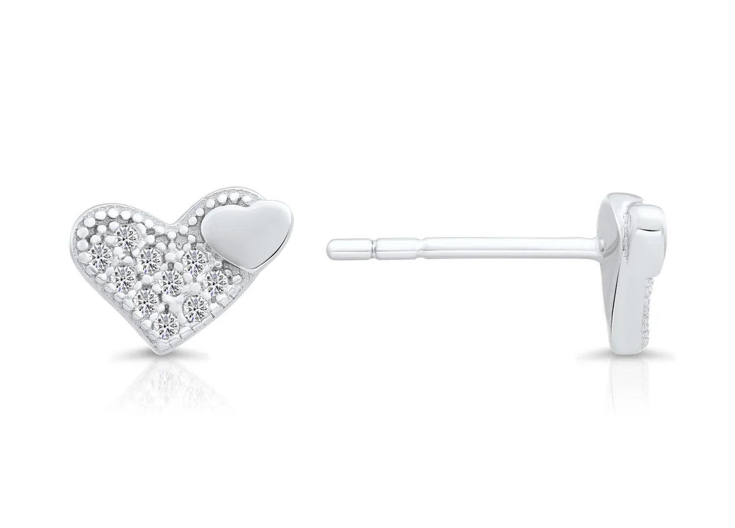Elegant Sterling Silver CZ Double Heart Stud Earrings.