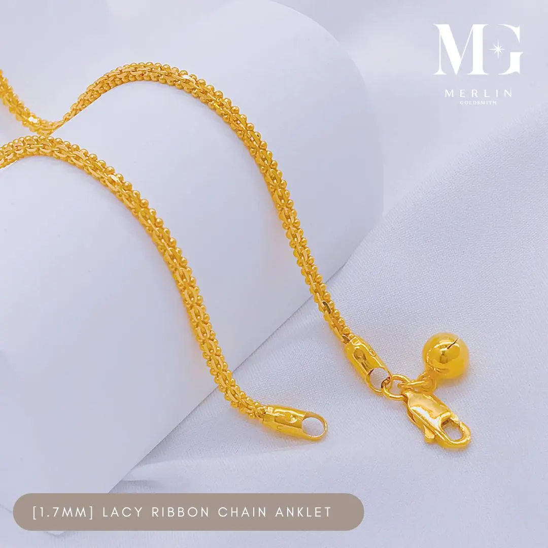 22K 916 Gold (1.7Mm) Lacy Ribbon Chain Anklet with Dangle Bell