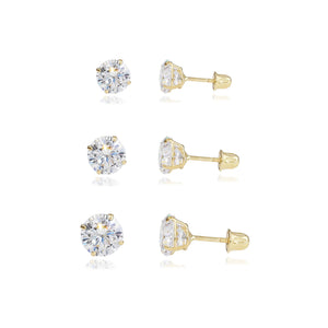 Bundle Set of 3! 14K Gold Classic Solitaire Stud Earrings, Screw-Back