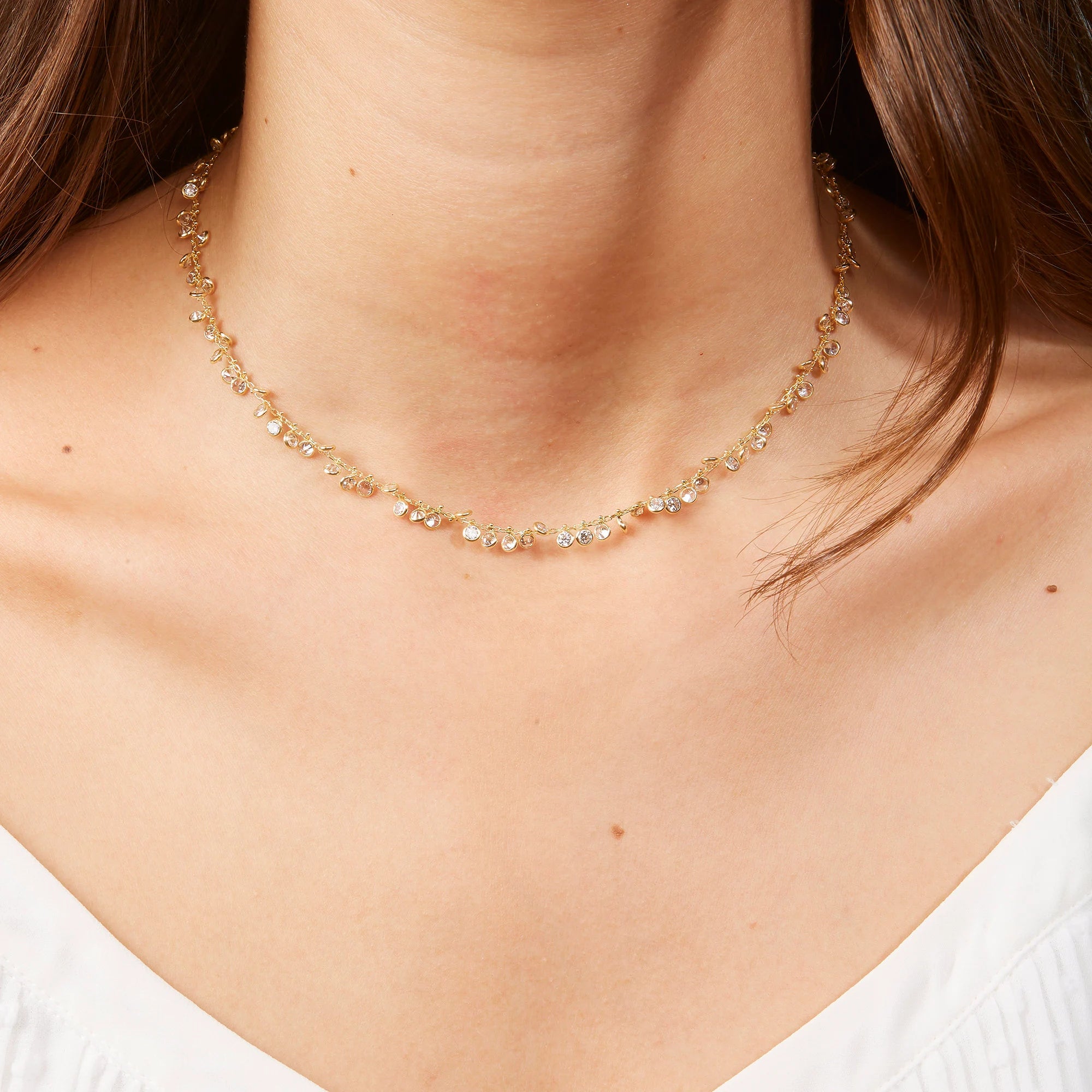 ECRIN | Dainty round Diamond Dangle Necklace, Diamond Station Bezel Necklace