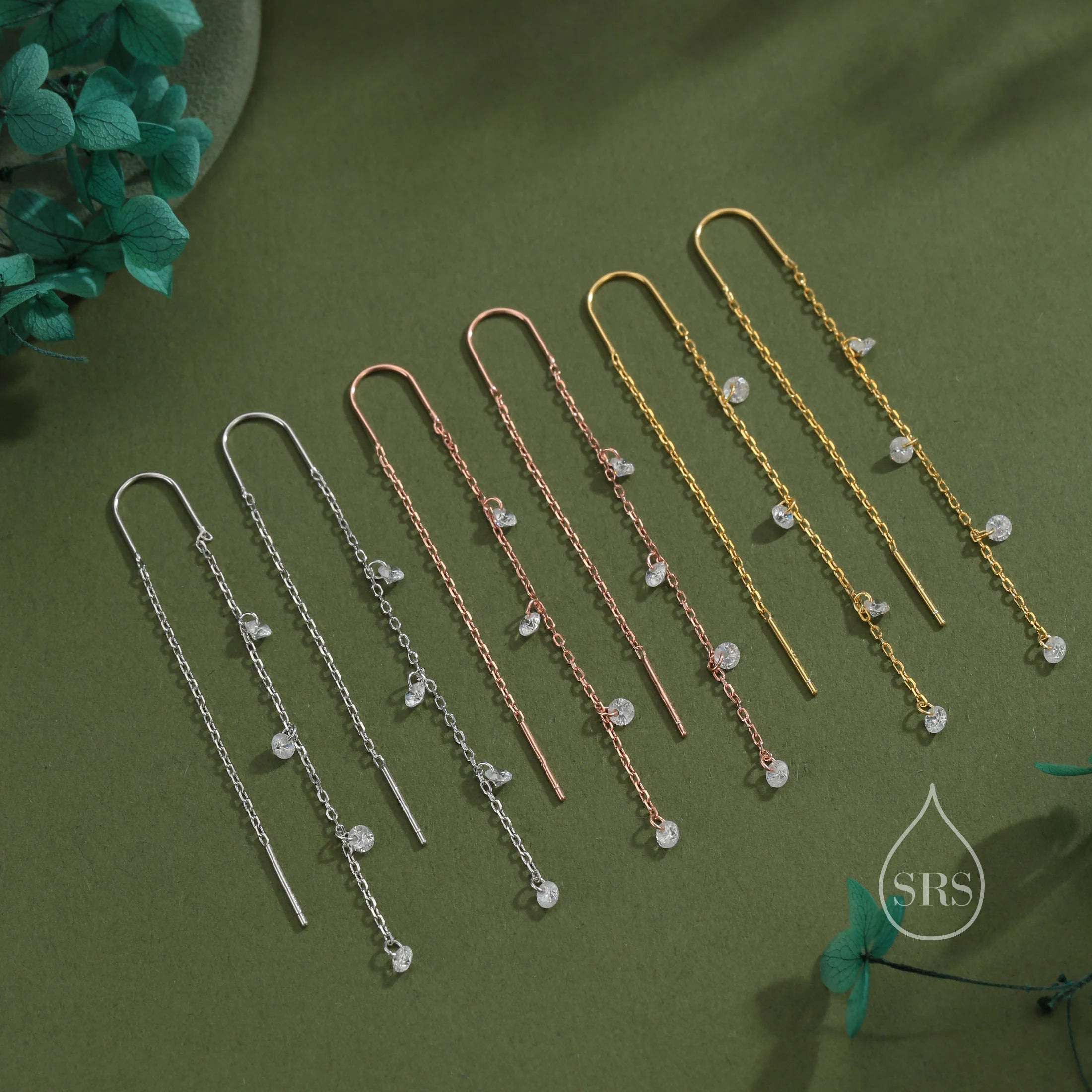 CZ Cascade Drop U Threader Earrings in Sterling Silver, Silver or Gold or Rose Gold, Geometric CZ Dangle Drop Earrings, CZ Long Drop Earring