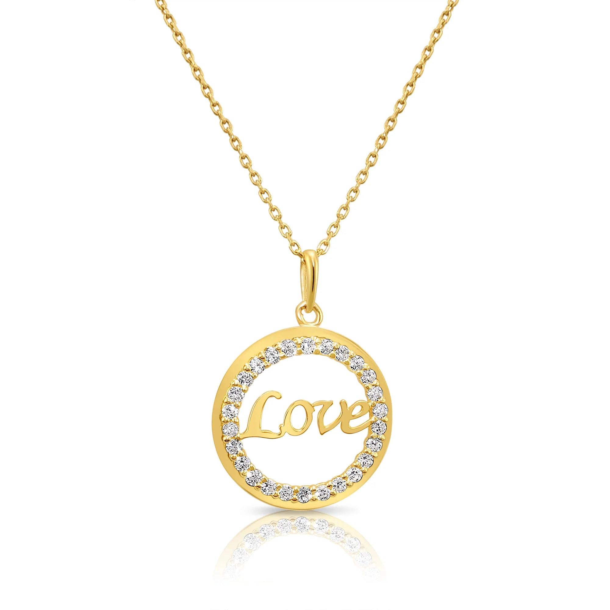 14K Solid Yellow Gold Love Script CZ Pendant Necklace with 18" Cable Chain.