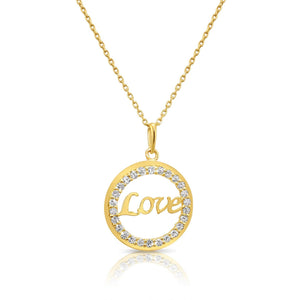 14K Solid Yellow Gold Love Script CZ Pendant Necklace with 18" Cable Chain.