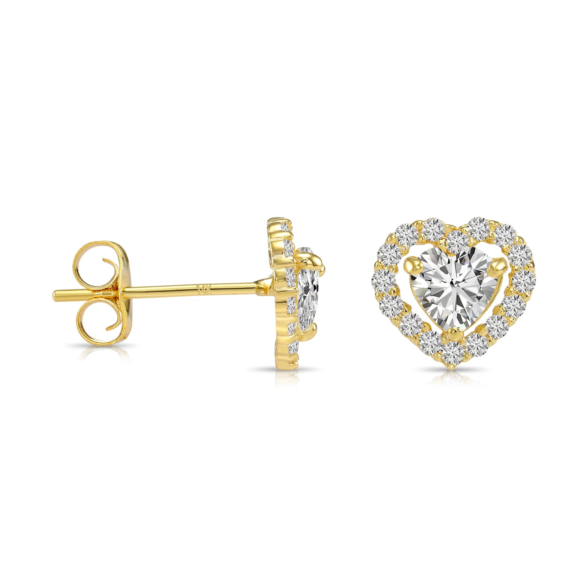 14K Yellow Gold Heart Halo CZ Stud Earrings