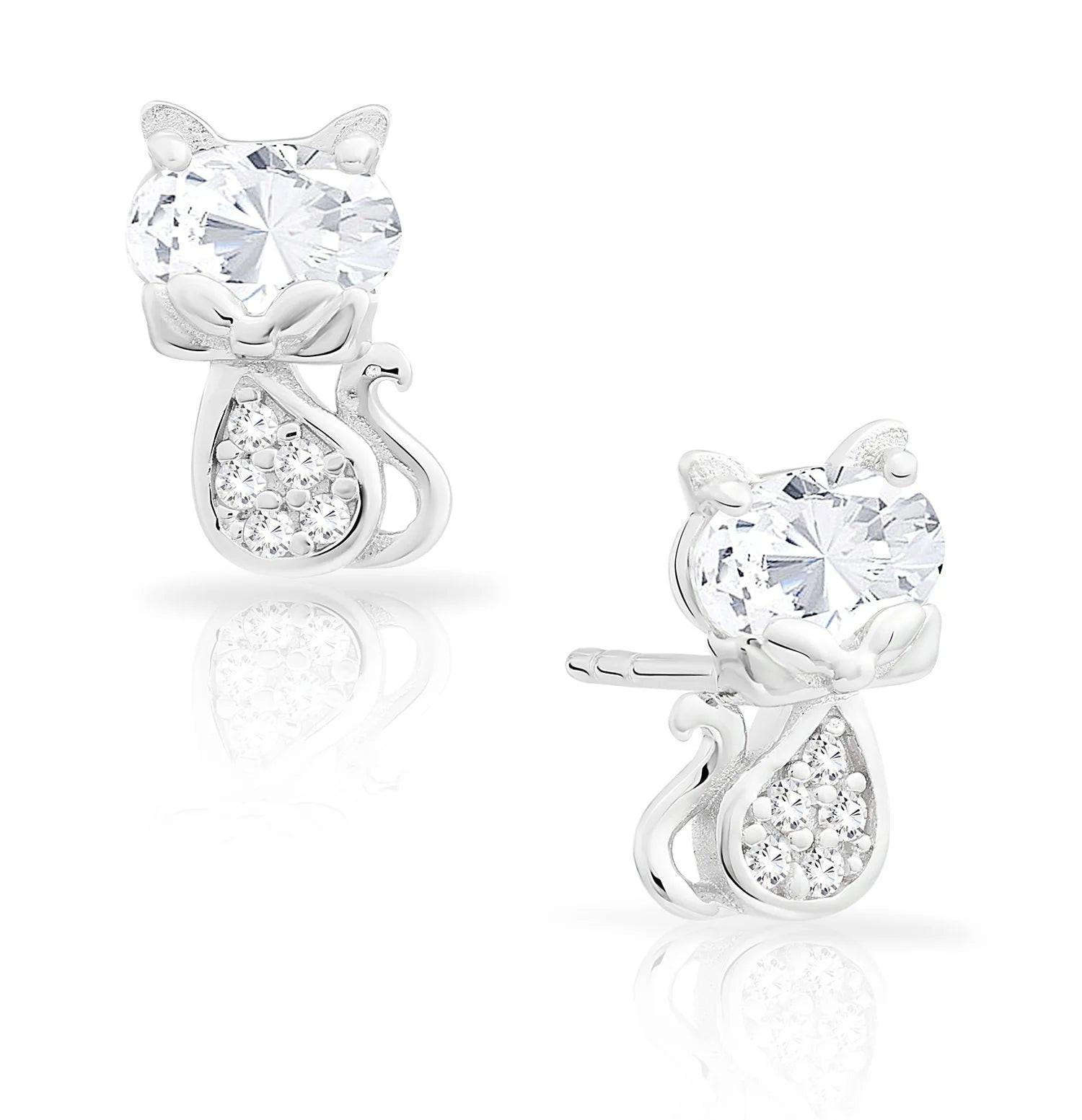 Charming Sterling Silver Little Kitty Stud Earrings with CZ Accents.