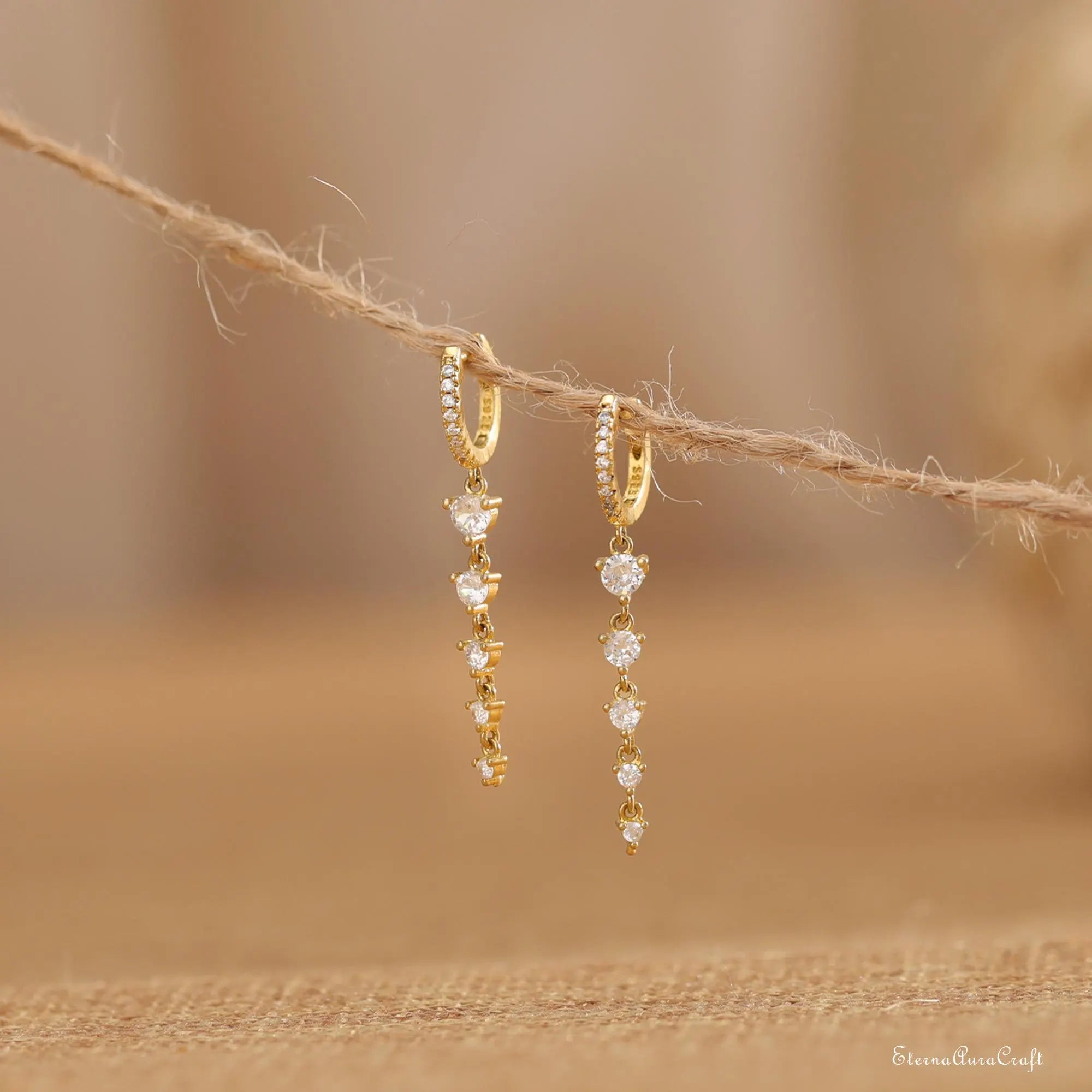 Dainty Diamond Dangle Earrings, Diamond Hoop Huggie Earrings, Drop Earrings for Bride, Wedding Jewellery, Bridesmaid Gifts,Mom Gifts for Her