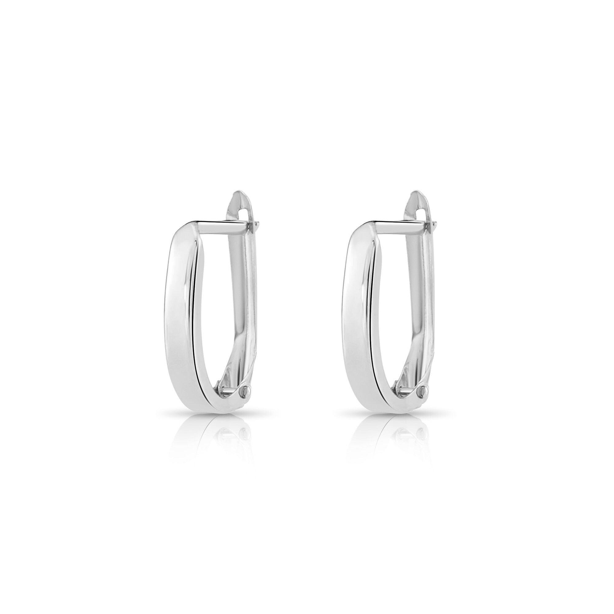 Stunning Handmade 14K White Gold Shiny Oval Huggie Hoop Earrings.