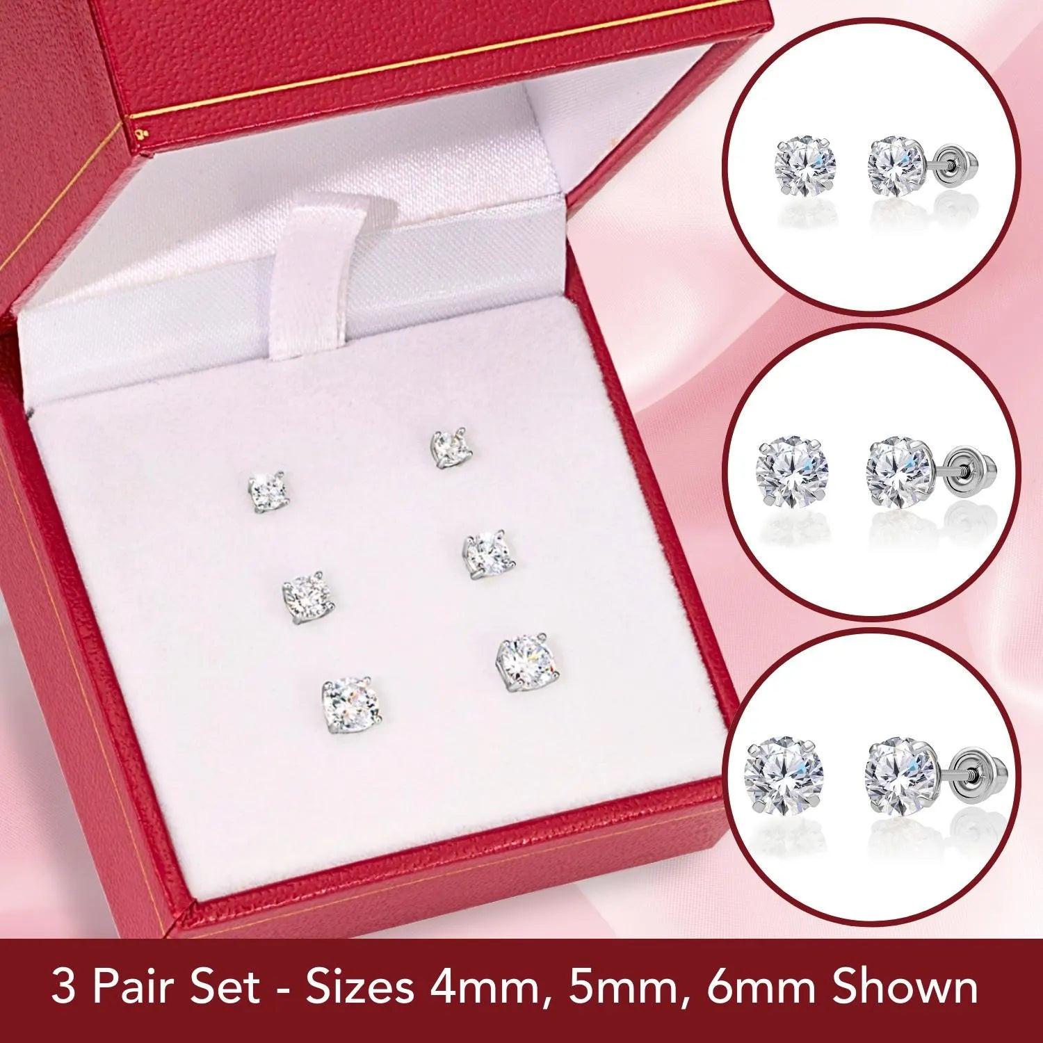 Elegant 14K Solid White Gold Screw Back Round CZ Basket Set Stud Earrings - Set of 3 Pairs.