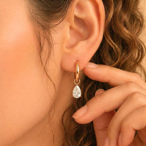 18K Solid Gold Pear Cut Lab Diamond Dangle Huggie Earrings | Minimalist Drop Charm