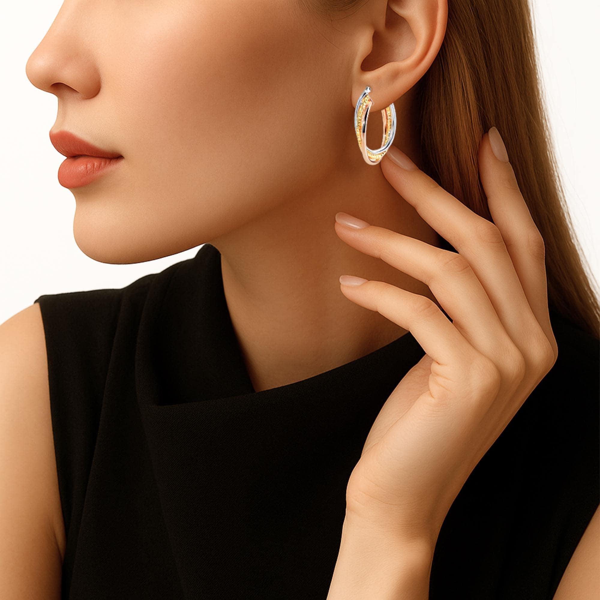 Elegant Tricolor Sterling Silver Spiral Oval Hoop Earrings for Women – Fine Jewelry Delight.