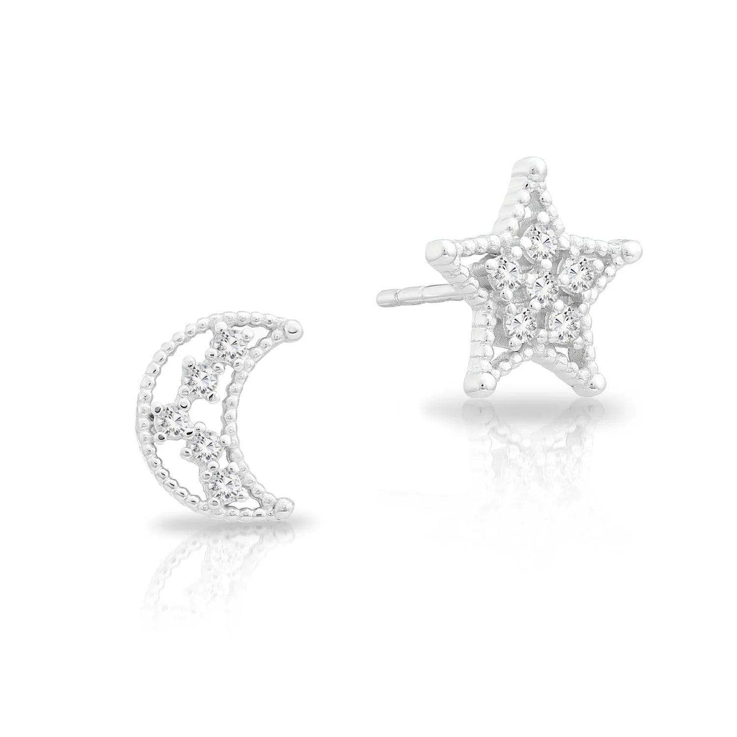 Dazzling CZ Star and Moon Sterling Silver Stud Earrings.