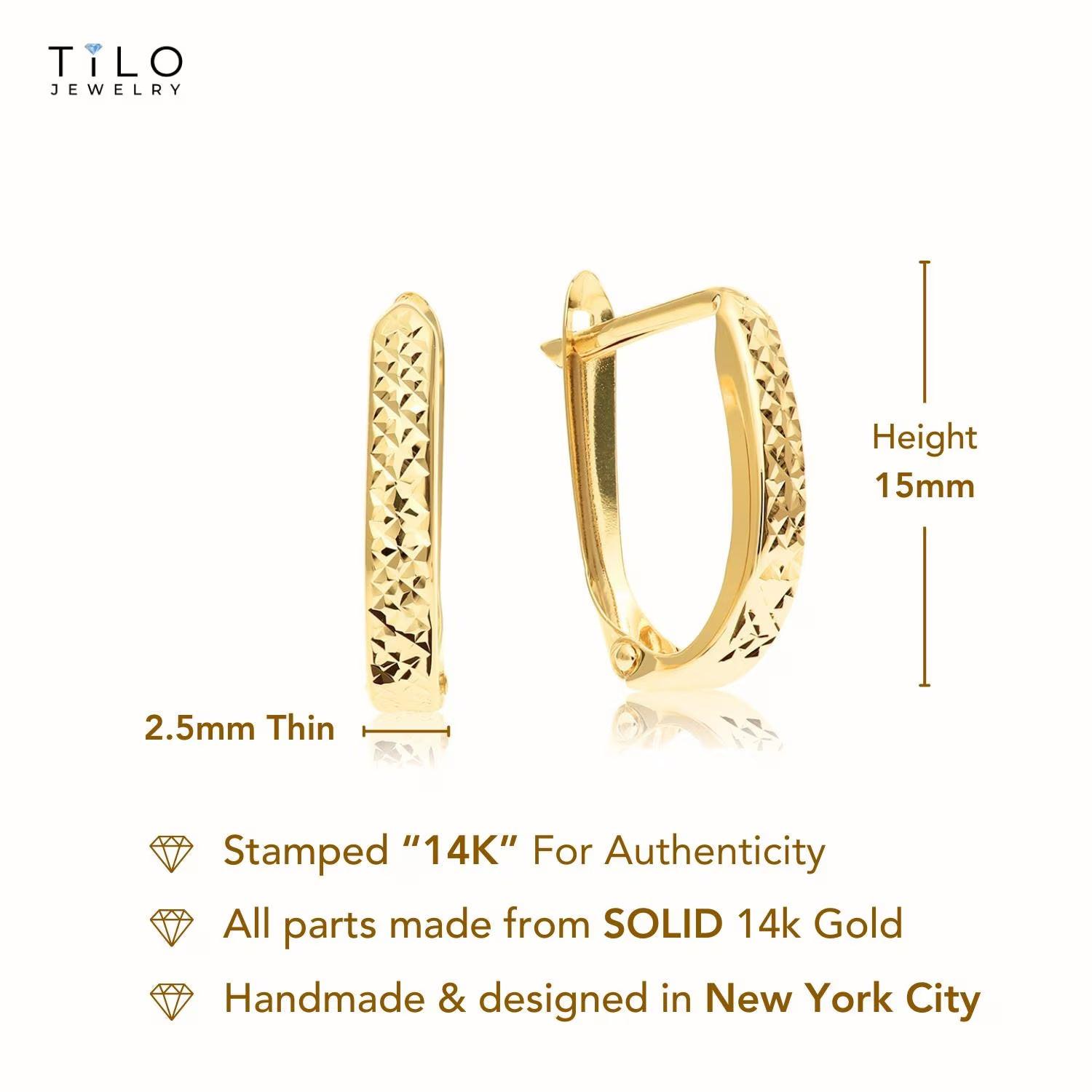 Radiant 14K Solid Gold Diamond-Cut Oval Huggie Hoop Earrings - Handcrafted Elegance.