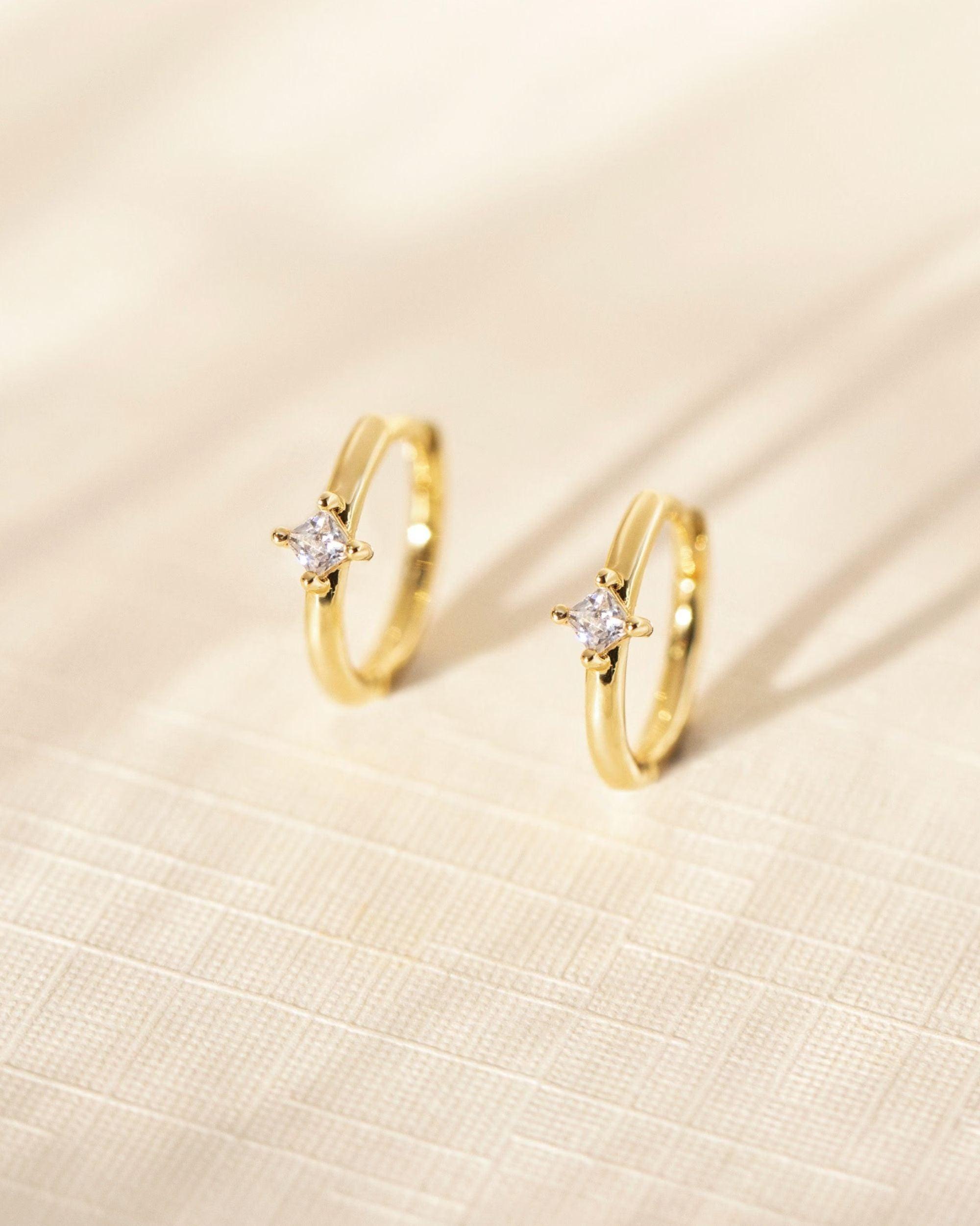 Dainty 925 Sterling Silver Gold CZ Diamond Huggie Hoop Earrings Set - Tiny Minimalist Design.