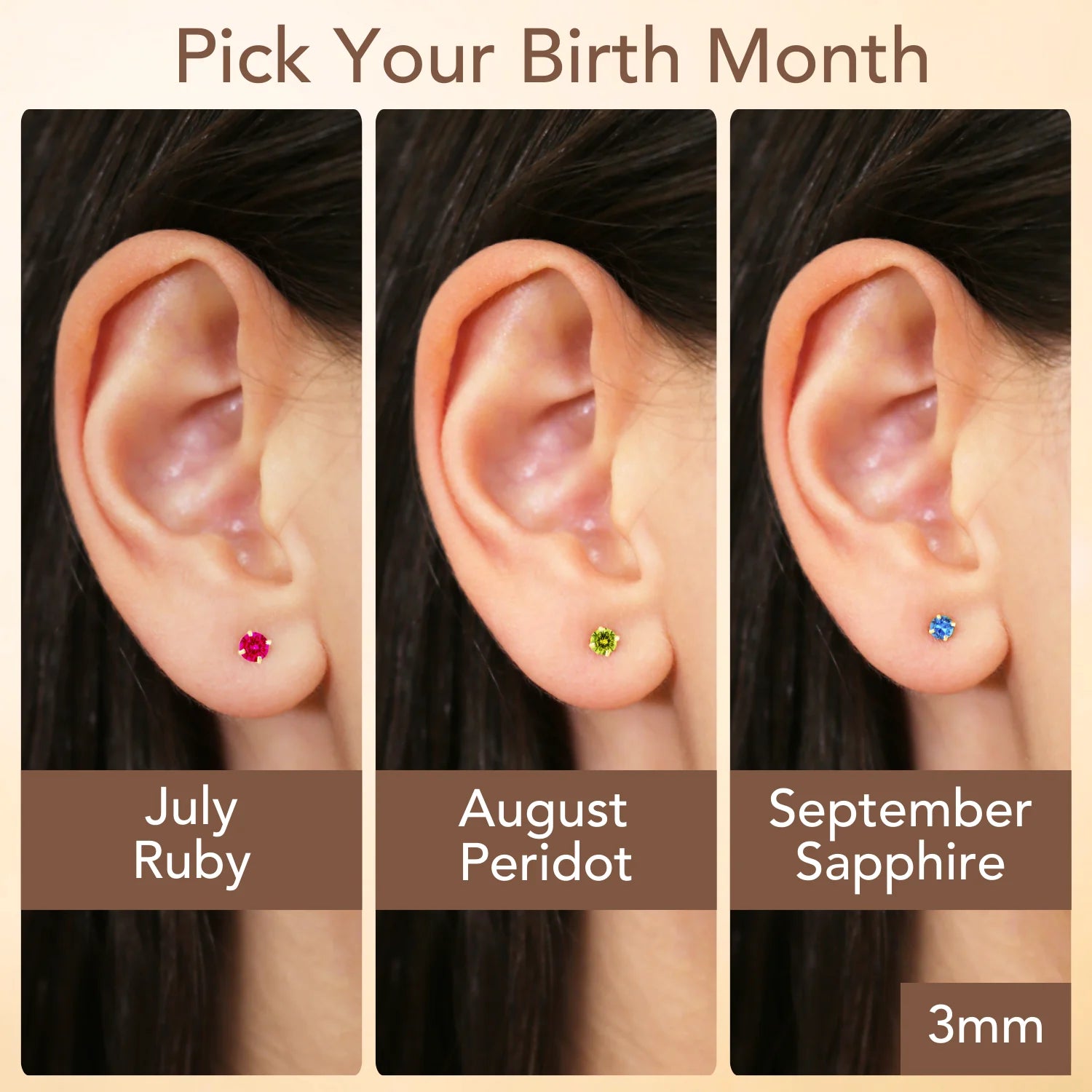 14K Yellow Gold Birthstone Solitaire Stud Earrings, 3Mm, Available in 12 Colors