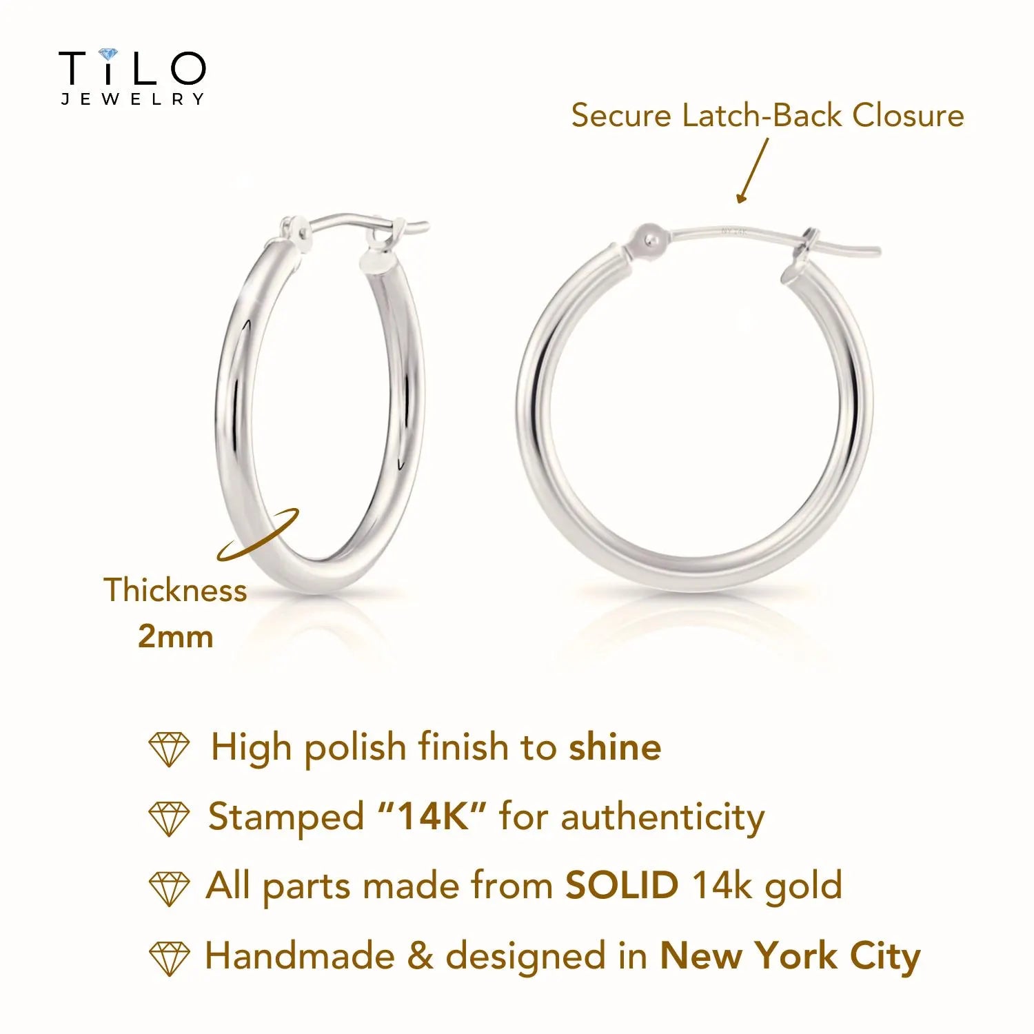 Solid 14K Gold Hoop Earrings, 14 Karat White Gold round Classic Hoops, 13Mm (0.5 Inch) Small Size Hoops, Made by TILO Jewelry