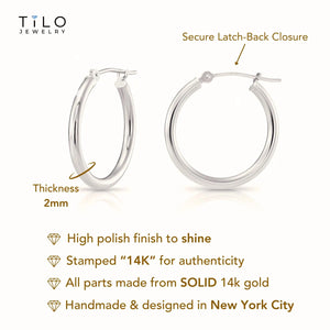 Solid 14K Gold Hoop Earrings, 14 Karat White Gold round Classic Hoops, 13Mm (0.5 Inch) Small Size Hoops, Made by TILO Jewelry