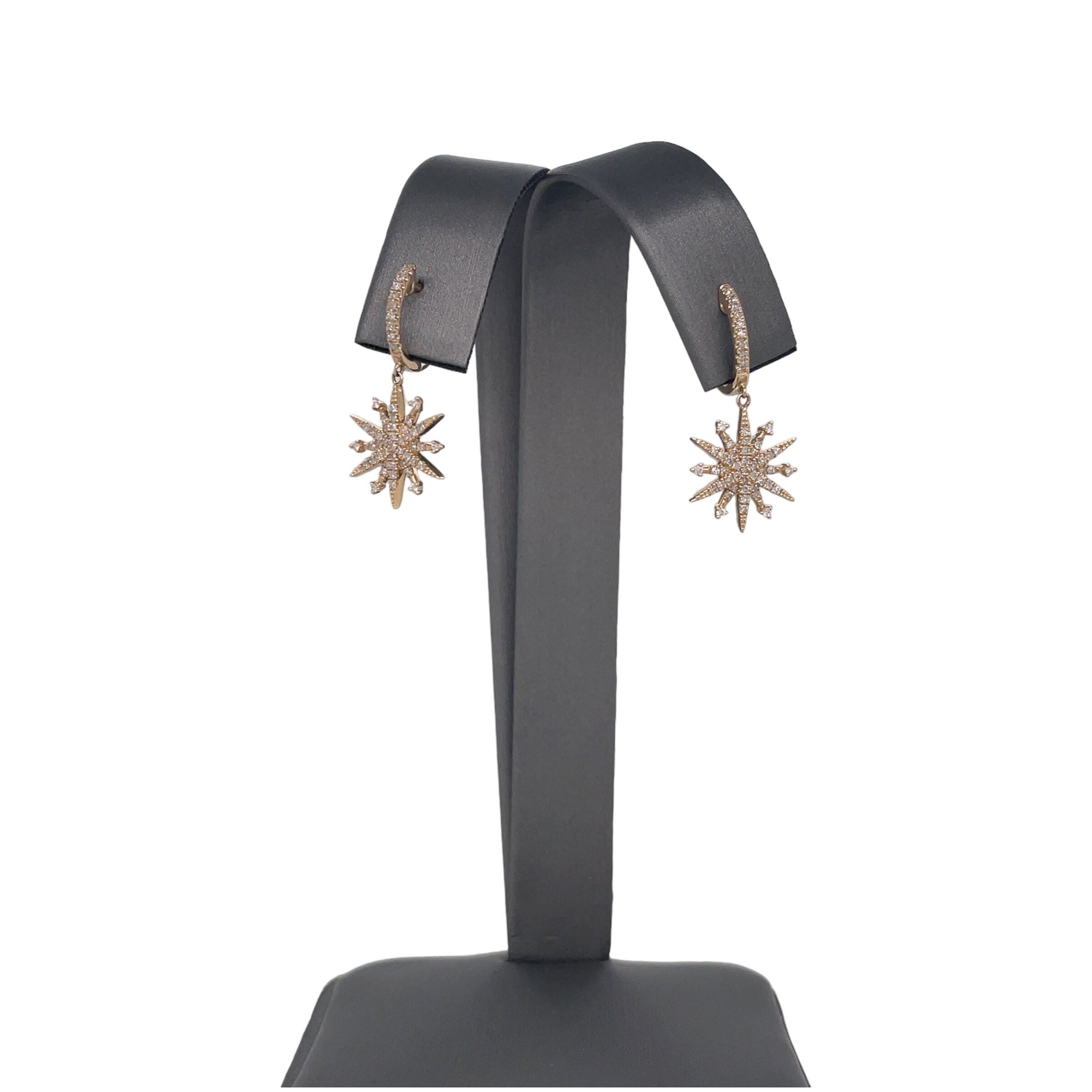 14K Yellow Gold Diamond Starburst Dangle Huggie Earrings