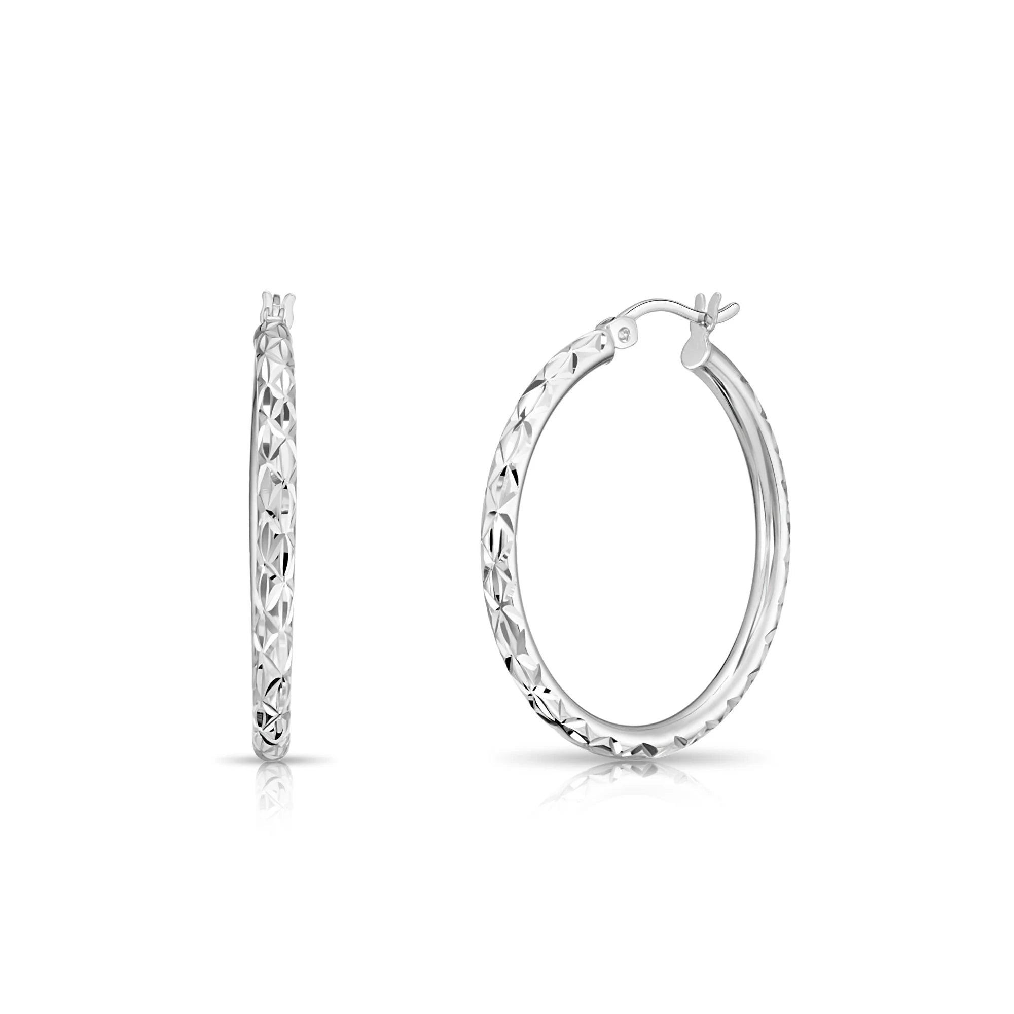 Stunning 925 Sterling Silver Hand Engraved Diamond Cut X-Pattern Round Hoop Earrings.
