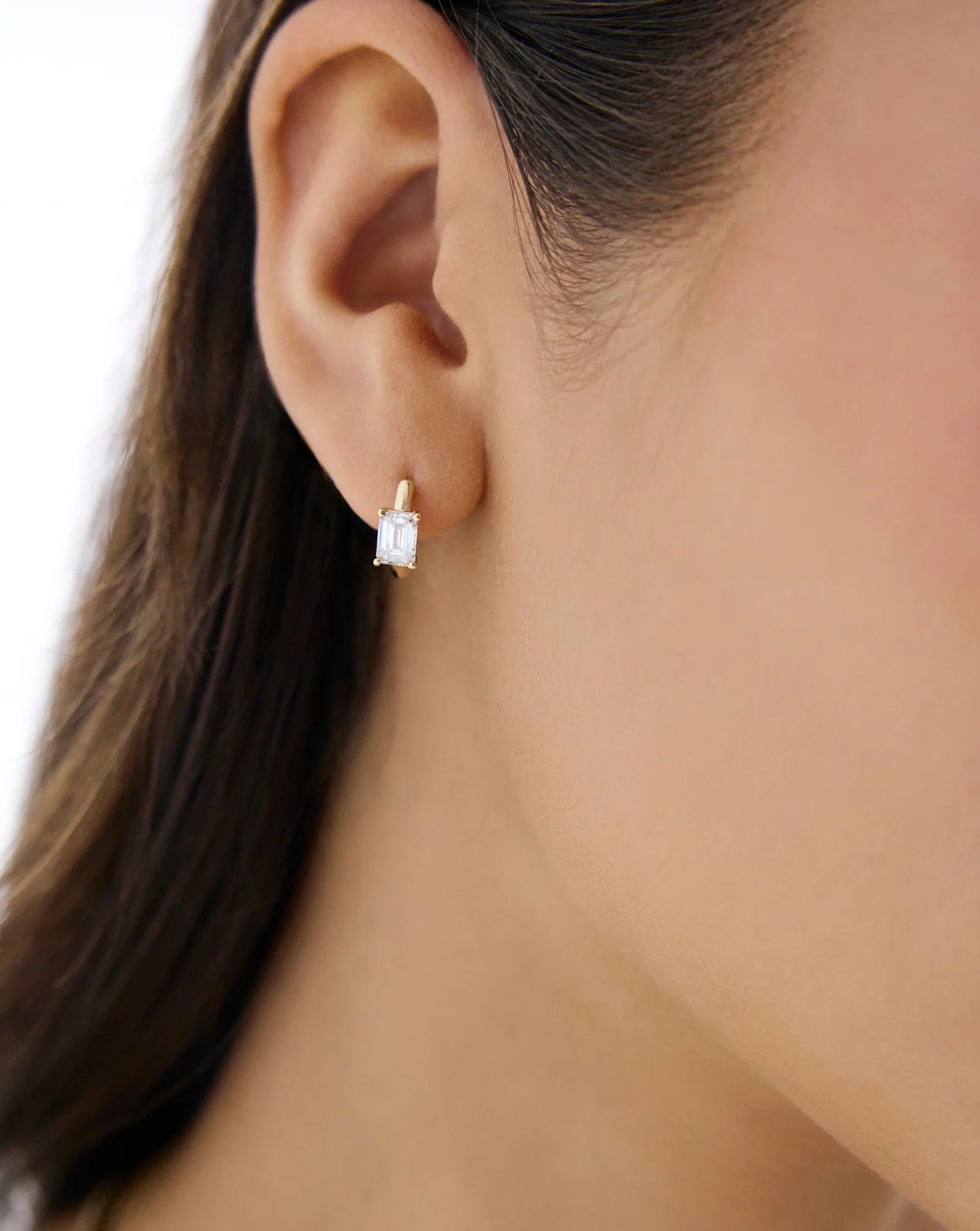 Elegant Emerald Lab Diamond Huggie Earrings - Solitaire Design.