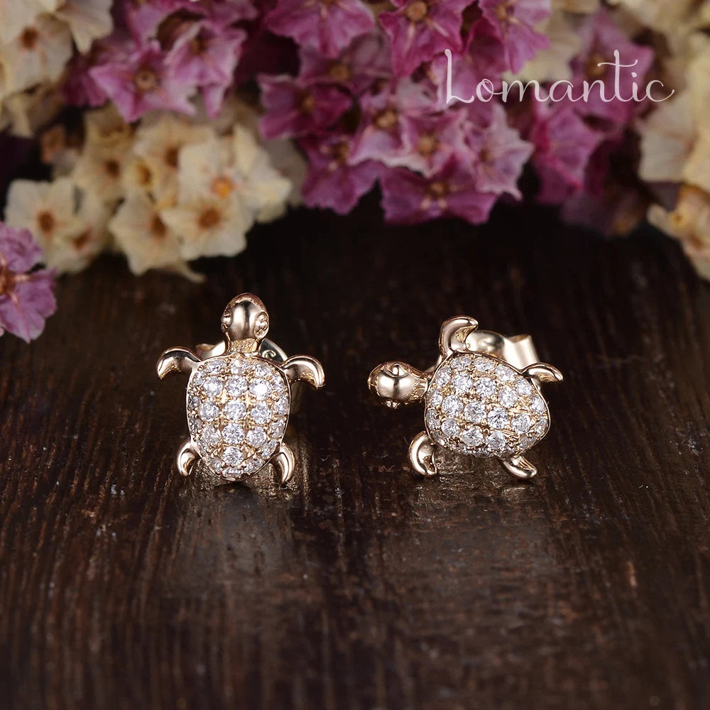 Unique Turtle Errings Natural Diamond Errings 14K Rose Gold Sea Turtle Animal Gold Errings Women Promise Anniversary Gift for Her per Pairs