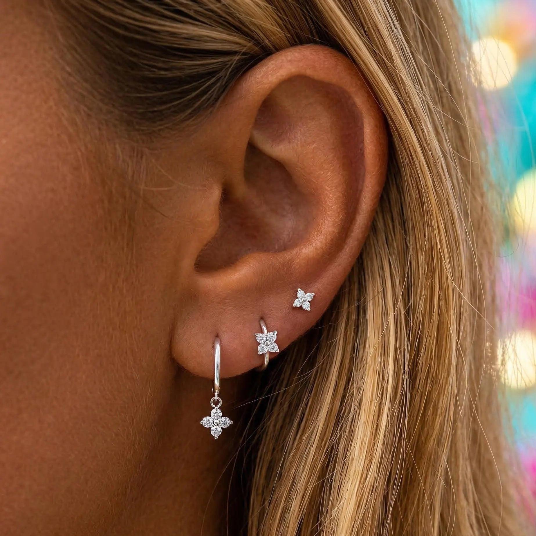 Minimalist 925 Sterling Silver Tiny Flower Huggie Hoop Earrings.