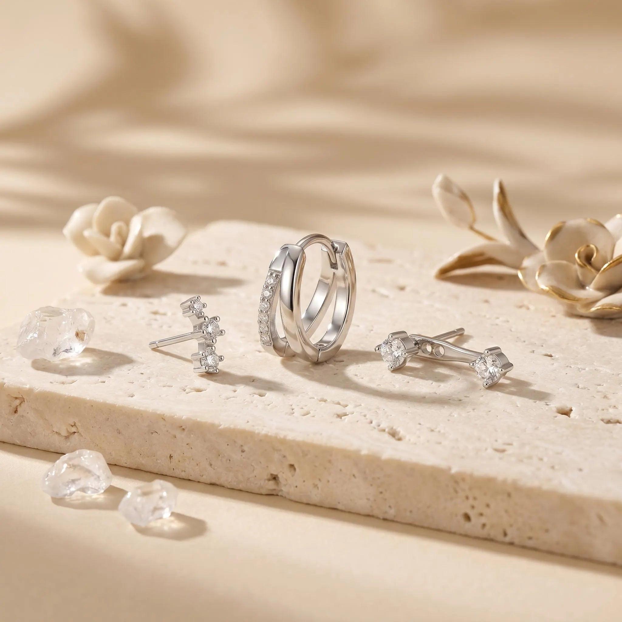 Chic 18K Gold Filled 3-Piece Earring Set - Double Layer Huggie Hoops, Crawl Studs & Front Back Solitaires for a Minimalist Look.