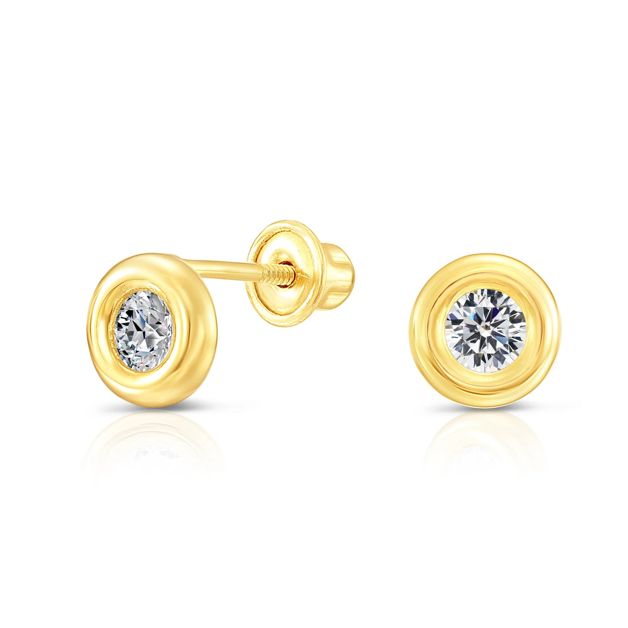Solid 10K Yellow Gold Tiny Bezel Set Cubic Zirconia Stud Earrings