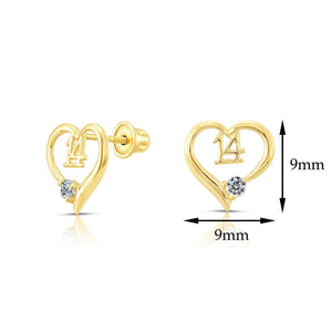 10K Yellow Gold 14Th Birthday Heart Stud Earrings