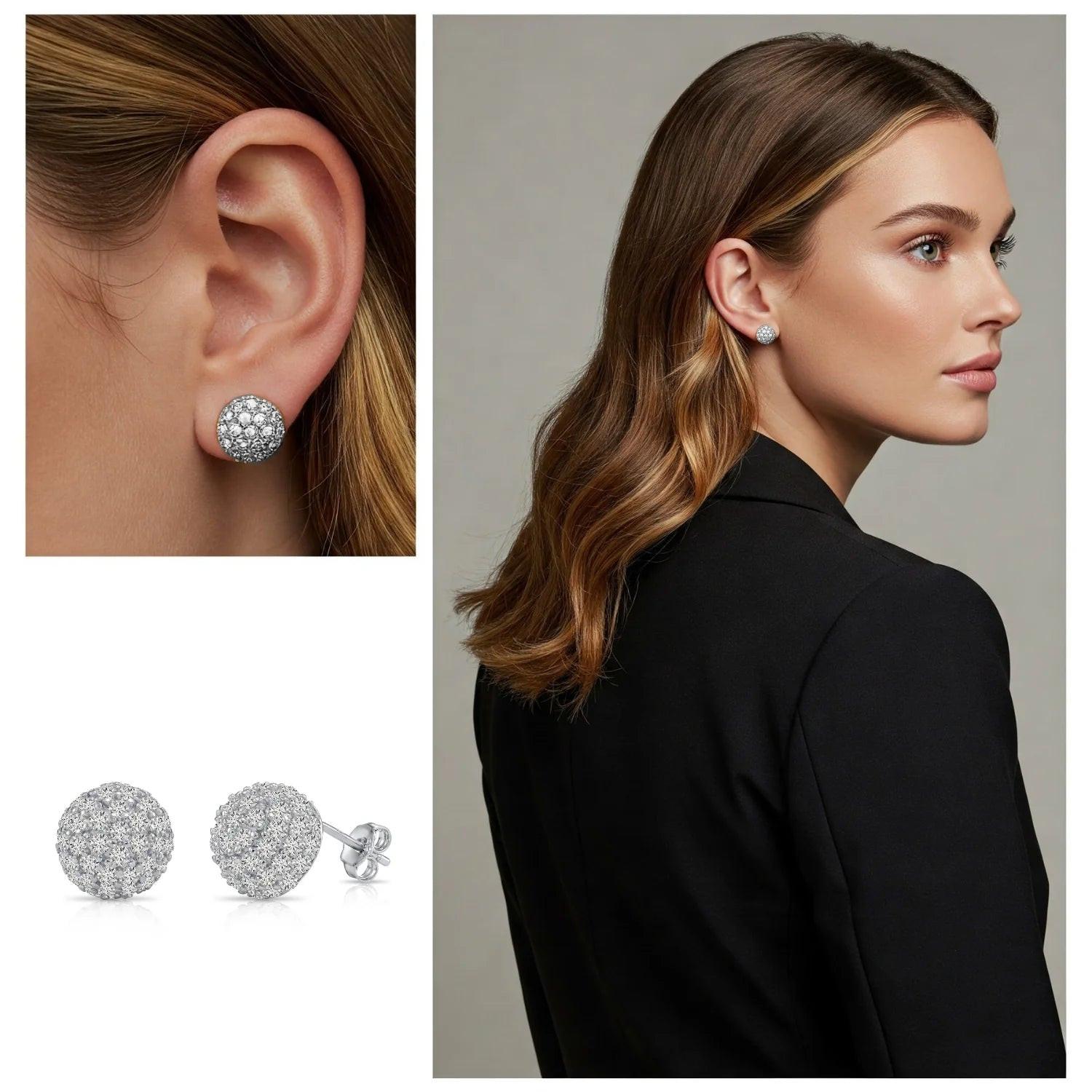 Elegant Sterling Silver Half Ball Stud Earrings with Sparkling Simulated Diamonds.