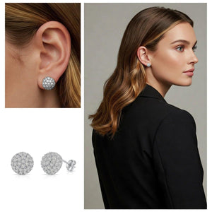 Elegant Sterling Silver Half Ball Stud Earrings with Sparkling Simulated Diamonds.