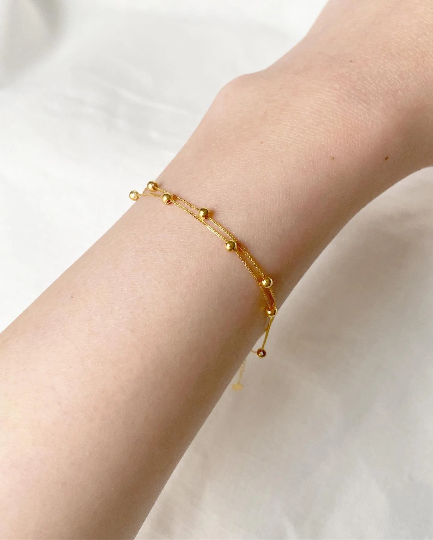 18K Solid Gold Double Strand Beaded Bracelet, Dainty Layered Minimalist Jewelry