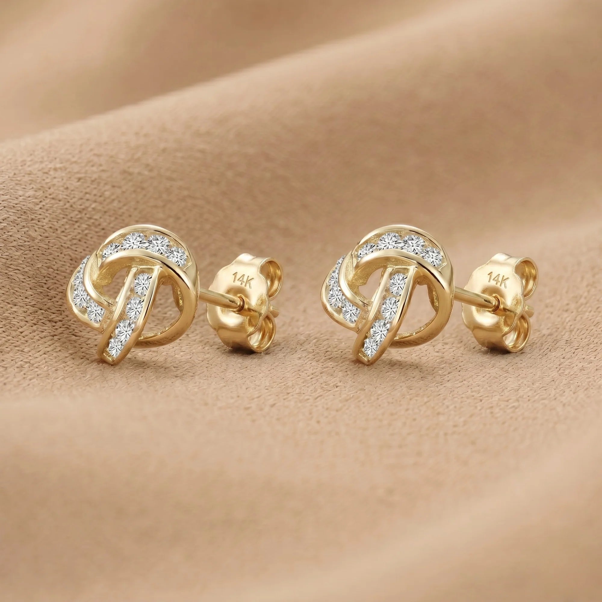 Solid 14K Gold Brilliant CZ Love Knot Twist Studs, 7Mm, with Pushbacks