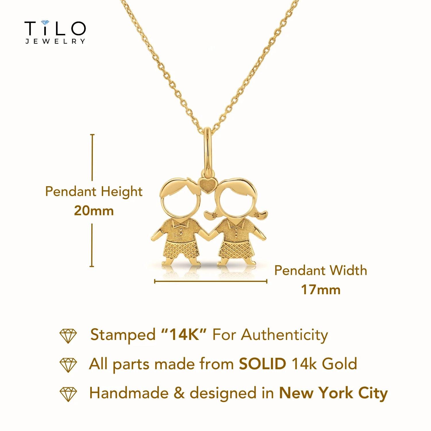 Stunning 14K Yellow Gold Heart Pendant Necklace Featuring Adorable Boy & Girl Design.