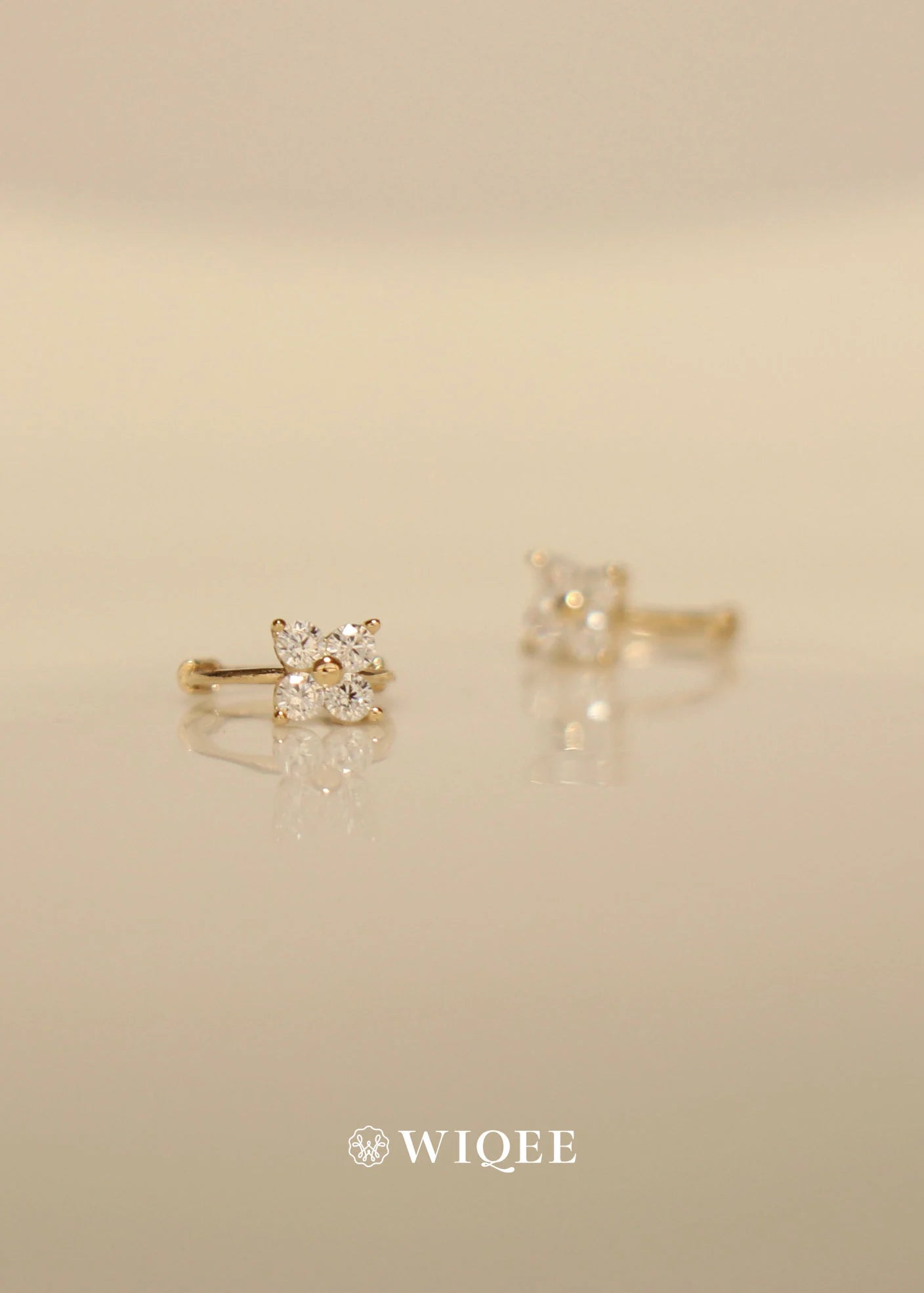 9K Solid Gold Flower Hoop Earrings, CZ Diamond Huggie Earrings