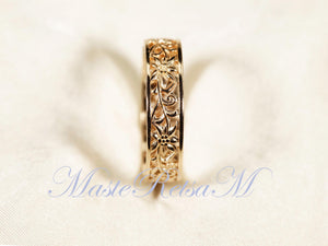 ZP160- Handmade Sterling Silver Openwork Pattern Floral Ring: 18K Gold Vermeil Vintage Band