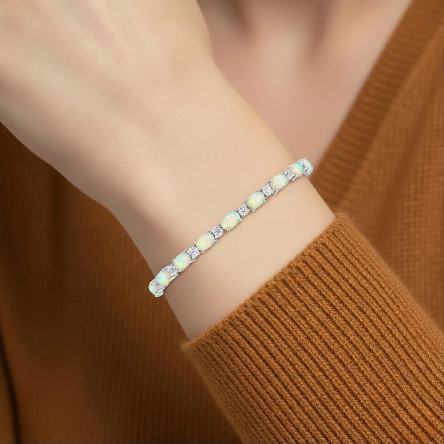 Sterling Silver Fire Opal Bracelet with Brilliant Cubic Zirconia Stones, Adjustable Simulated Opal Bracelet, 6-9 Inch, by TILO Jewelry