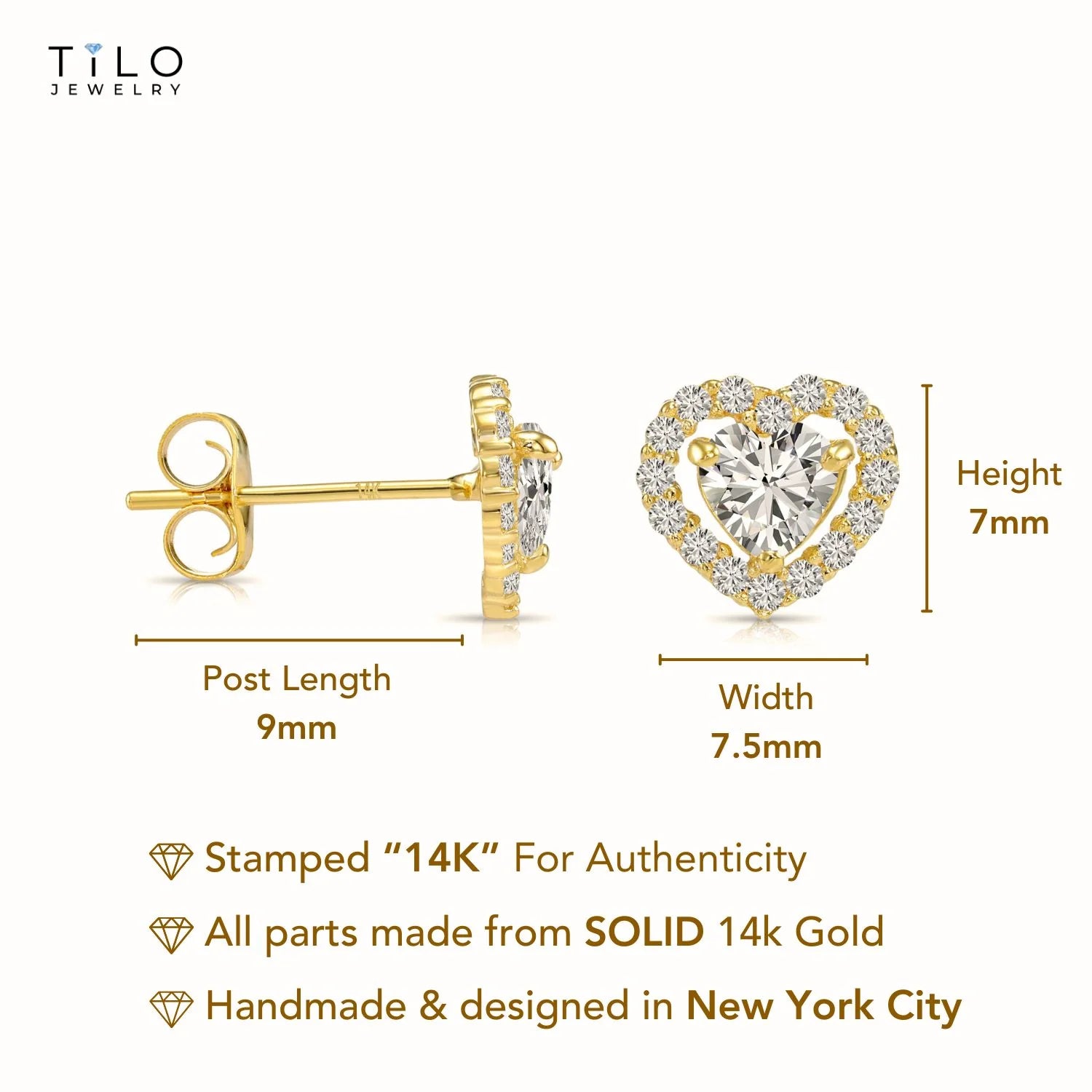 14K Yellow Gold Heart Halo CZ Stud Earrings