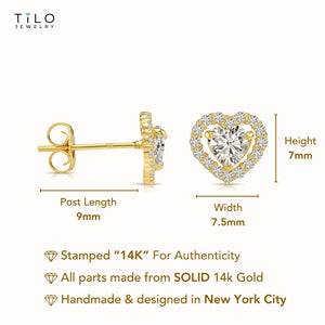 14K Yellow Gold Heart Halo CZ Stud Earrings