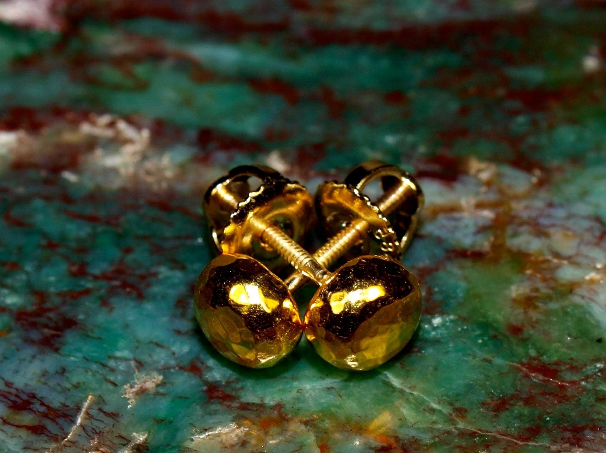 Elegant 24K Solid Gold Hammered Ball Stud Earrings - 5mm Threaded Design.