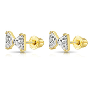 14K Solid Yellow Gold Triangle CZ Ribbon Bow Studs, Screwback